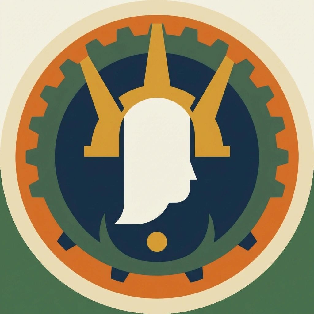 A stylized circular logo or icon featuring a flat design. In the center is a white silhouette of a head facing right, wearing what appears to be a three-pronged golden crown or helmet. The background within the circle is a dark navy blue, surrounded by a green cogwheel or gear shape with orange accents in the negative spaces between the gear teeth.