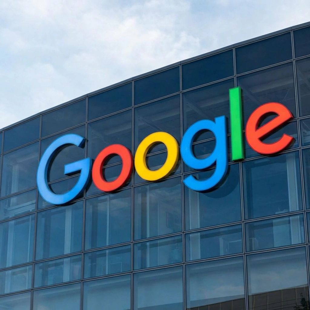 A low-angle, medium shot of a modern glass office building exterior. A large, multi-colored "Google" logo is mounted on the glass facade. The sky above is light blue with scattered white clouds. The reflection of the sky and surroundings is visible in the building's glass panels.