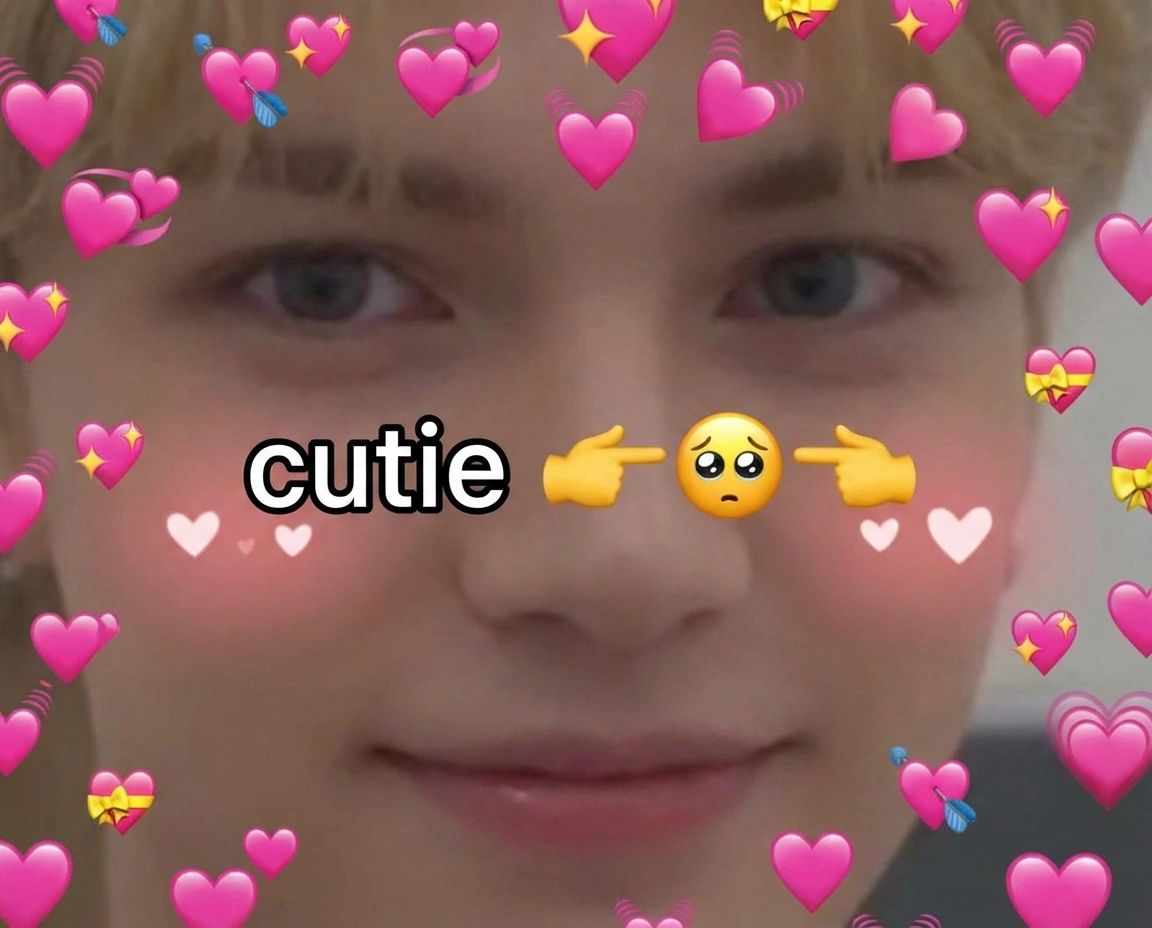 An extreme close-up of a person's face with blonde bangs and blue eyes, smiling slightly. The image is covered in dozens of pink heart emojis of various types (sparkling, arrow-pierced, beating, etc.) and has an anime-style blush filter adding pink glow and small hearts on their cheeks. White text with black outline reads "cutie" followed by two pointing finger emojis directed at a pleading face emoji.