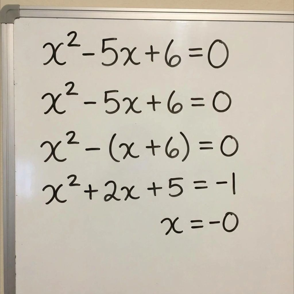 A close-up of a whiteboard with handwritten math equations written in black marker. The steps show the factoring of a quadratic equation. The equations listed vertically are:
x² - 5x + 6 = 0
x² - 5x + 6 = 0
x² - (x + 6) = 0
x² + 2x + 5 = -1
x = -0
The logic of the equations appears garbled and incorrect in the final steps.