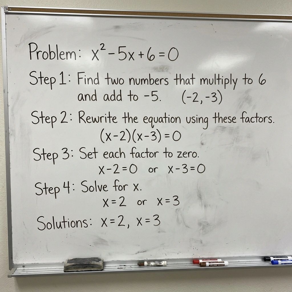 A whiteboard displaying a correctly solved algebra problem written in neat black handwriting.
Problem: x² - 5x + 6 = 0
Step 1: Find two numbers that multiply to 6 and add to -5. (-2, -3)
Step 2: Rewrite the equation using these factors. (x-2)(x-3) = 0
Step 3: Set each factor to zero. x-2=0 or x-3=0
Step 4: Solve for x. x=2 or x=3
Solutions: x=2, x=3
Markers and an eraser sit on the tray below the board.
