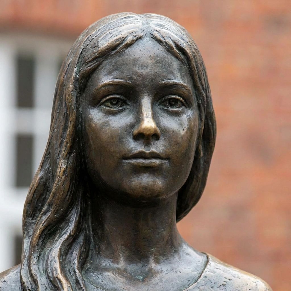 A close-up photograph of the head and shoulders of a bronze statue depicting a young woman with long, wavy hair parted in the middle. She has a serene, forward-facing gaze and a neutral expression. The metal has a dark, weathered patina with highlights on her nose, forehead, and hair. The background is a soft blur of reddish brick tones and a white window frame.