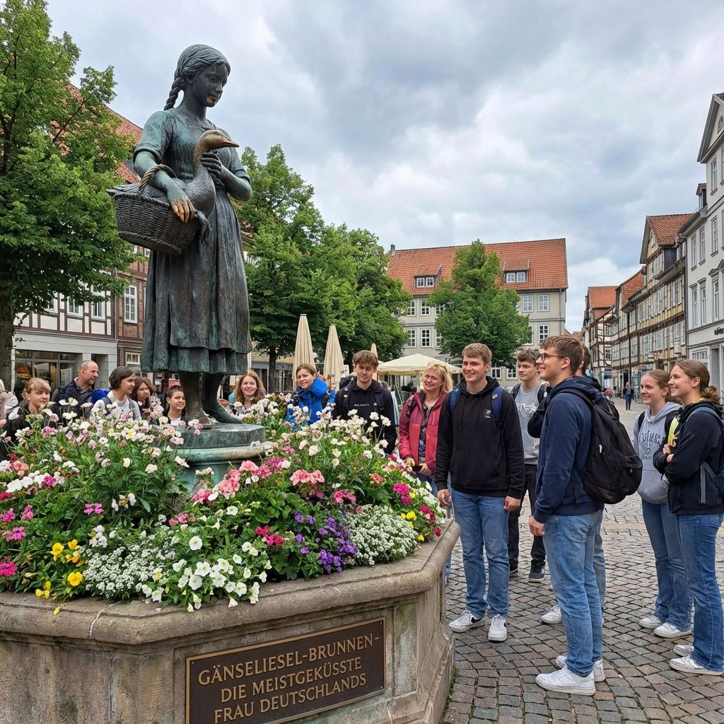 A group of people gathering around the Gänseliesel fountain statue. The bronze statue depicts a young girl in a dress carrying a basket and holding a goose. The base of the statue is surrounded by a vibrant flower bed filled with pink, white, and purple blooms. A group of teenagers and adults stand to the right, looking at the statue and smiling; one young man in a blue hoodie and backpack is closest to the foreground. A bronze plaque on the fountain's stone base reads "GÄNSELIESEL-BRUNNEN - DIE MEISTGEKÜSSTE FRAU DEUTSCHLANDS" (Gänseliesel Fountain - The Most Kissed Woman in Germany).