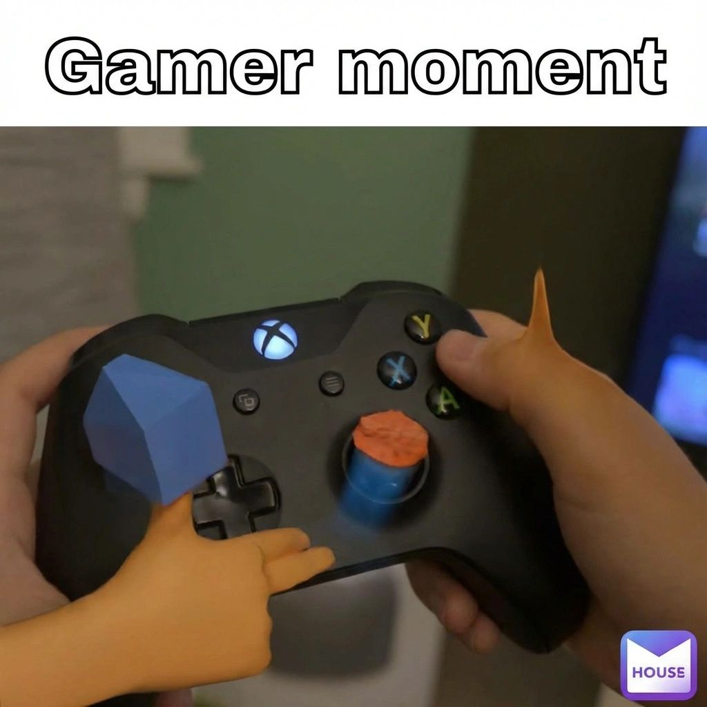 A pair of hands holding a black Xbox controller, but the hands are an unsettling mix of real human fingers and cartoon-like 3D-rendered orange fingers. The left thumbstick has been replaced with a blue low-poly geometric rock, and the right thumbstick is topped with an orange putty-like blob. White outlined text at the top reads "Gamer moment." A "HOUSE" logo watermark sits in the bottom right corner.