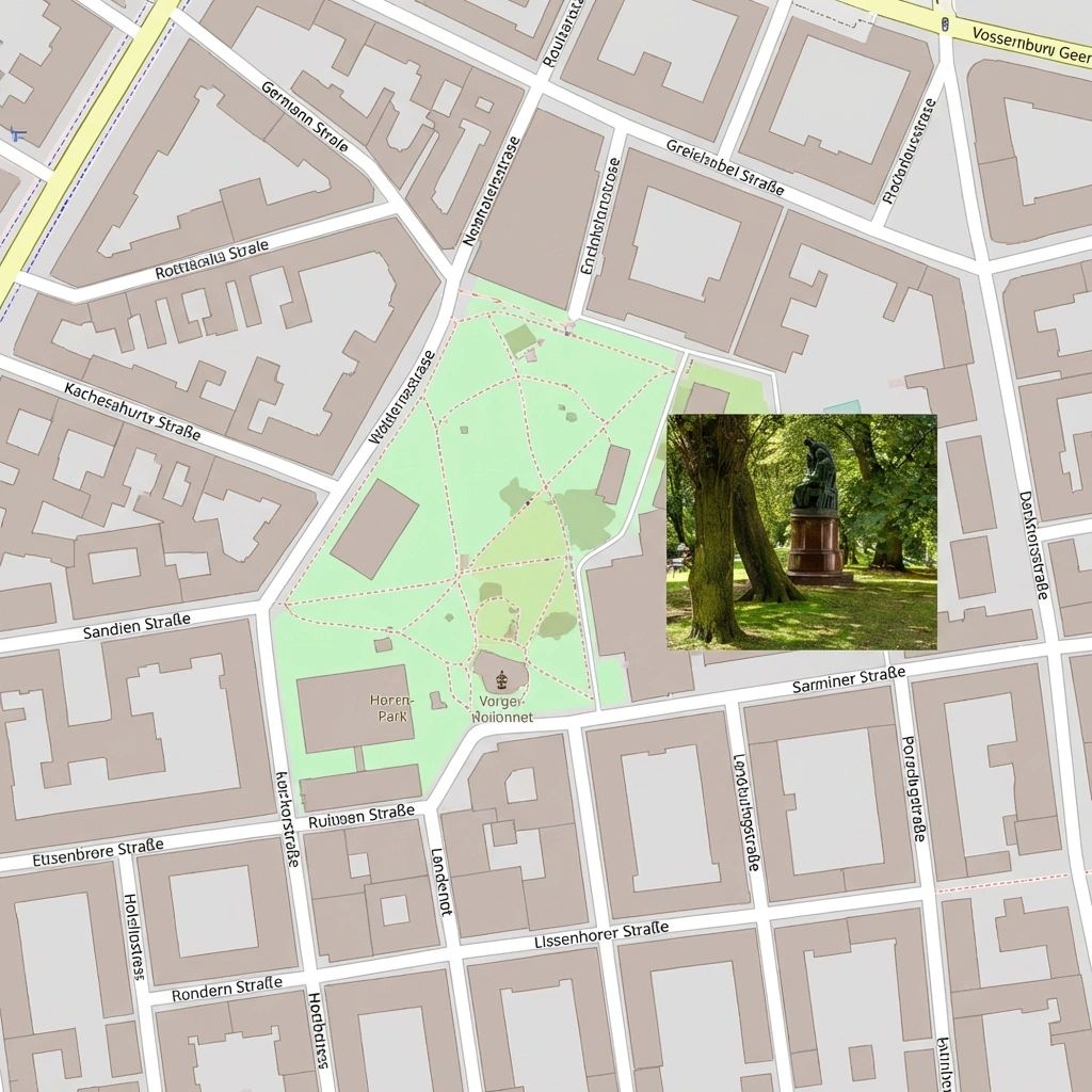 A digital street map showing a city layout with gray building blocks and white streets labeled with German names like "Sandien Straße" and "Sarminer Straße." In the center is a light green pentagonal park area labeled "Horen Park" and "Vorge Notonnet." A small, square thumbnail of the statue photo from the previous images is superimposed on the right side of the park area, incorrectly indicating the location of the monument.