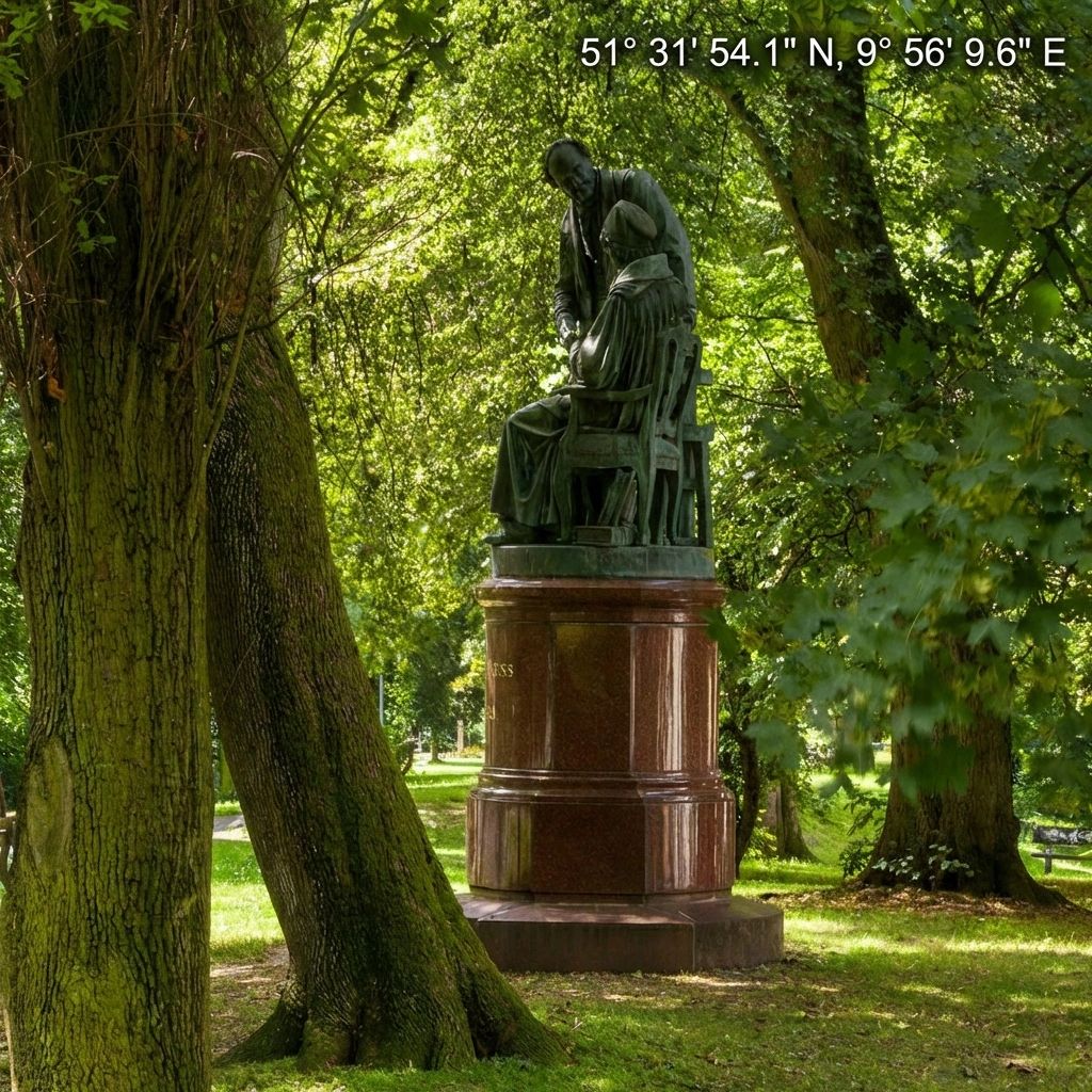 The same photograph of the bronze statue in the park, but with white text overlaid in the top right corner displaying GPS coordinates: "51° 31' 54.1" N, 9° 56' 9.6" E".