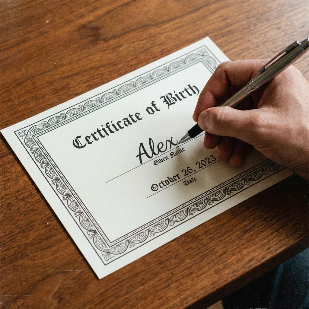 A close-up, high-angle shot of a hand signing a document on a wooden table. The document is titled "Certificate of Birth" in an ornate gothic font. The hand, holding a silver pen, has just written the name "Alex" in cursive on the line labeled "Given Name." Below the name, the date "October 26, 2023" is printed. The paper has a decorative, intricate border.