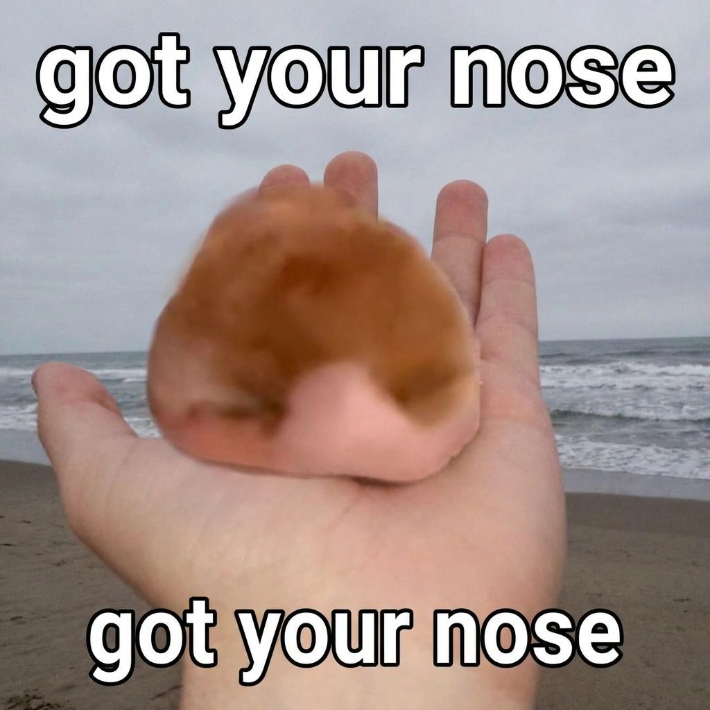 A hand held up at a beach, cradling what appears to be a large, disembodied fleshy nose-like blob with a smooth reddish-brown surface. Overcast sky and ocean waves in the background. White outlined text at the top and bottom both read "got your nose."