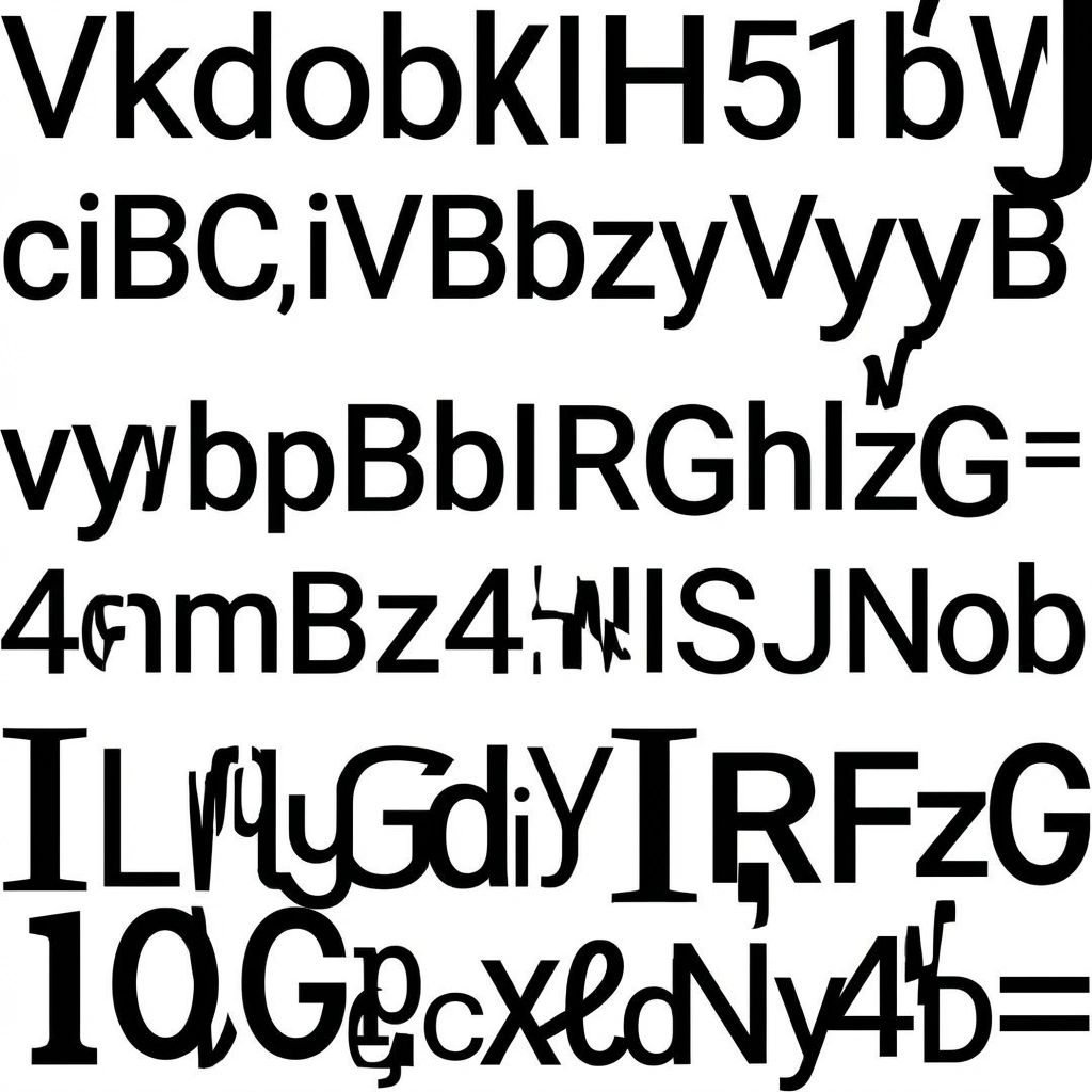 An abstract image filled with jumbled rows of random alphanumeric characters in varying black serif and sans-serif fonts against a white background. The text looks like distorted code or a corrupted data stream, with some characters like "V," "k," "d," "o," "b," and "G" overlapping or cut off. The strings include "VkdobKIH51bV," "ciBC,iVBbzyVyyB," and other nonsensical sequences.