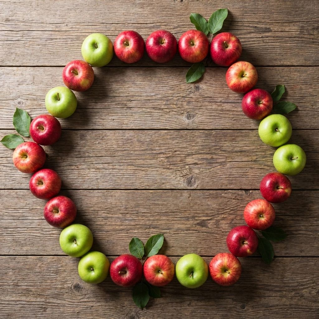A top-down view of a rustic wooden table featuring a large hexagon formed by approximately 22 fresh apples. The arrangement alternates loosely between red and green apples, though red apples dominate the shape. A few green leaves are attached to some of the apples, interspersed within the ring. The wood grain runs horizontally beneath the fruit.
