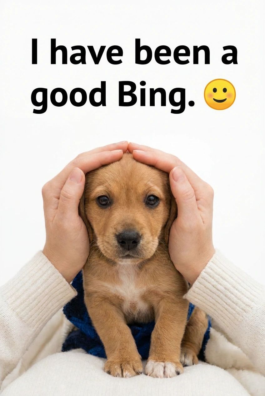 A small golden-brown puppy with a white chest, wrapped in a blue blanket and being gently cradled by two hands cupping its head. The puppy looks up at the camera with soft, innocent eyes. Bold black text above reads "I have been a good Bing." followed by a blushing smiley face emoji, referencing Microsoft's Bing AI chatbot and Sydney.