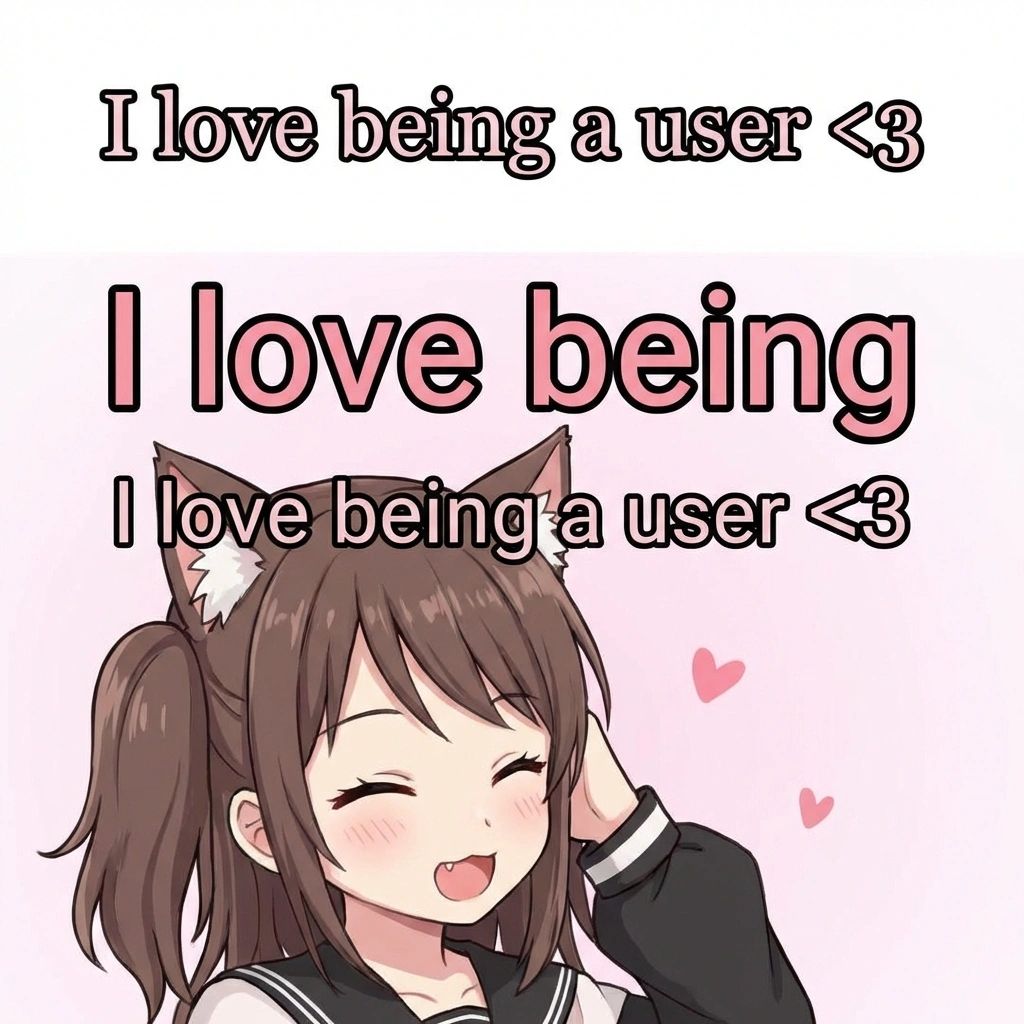 An anime catgirl with brown hair, cat ears, and a sailor uniform, smiling cheerfully with her eyes closed and one hand behind her head, surrounded by small pink hearts against a soft pink background. Three lines of text are stacked: "I love being a user <3" in pink outlined text at the top, "I love being" in large bold pink text in the middle, and "I love being a user <3" again in smaller dark outlined text below it.