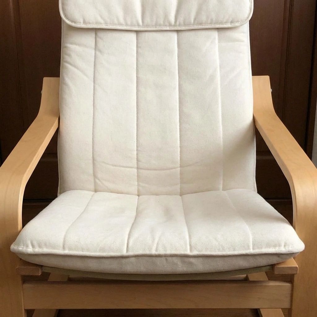 A close-up of a white IKEA Poäng-like armchair with a light birch wood frame. The chair has a cream-colored fabric cushion with horizontal stitching lines. It is positioned against a dark brown background, possibly a door or wall paneling.