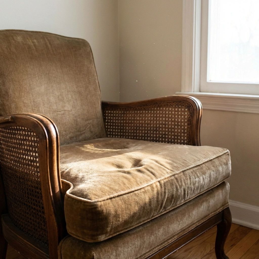 A vintage armchair with golden-brown velvet upholstery and wicker side panels on the arms. There are some irregular indentations in the cushioning. The chair sits near a white-framed window, with bright sunlight streaming across the seat cushion, illuminating dust motes in the air.