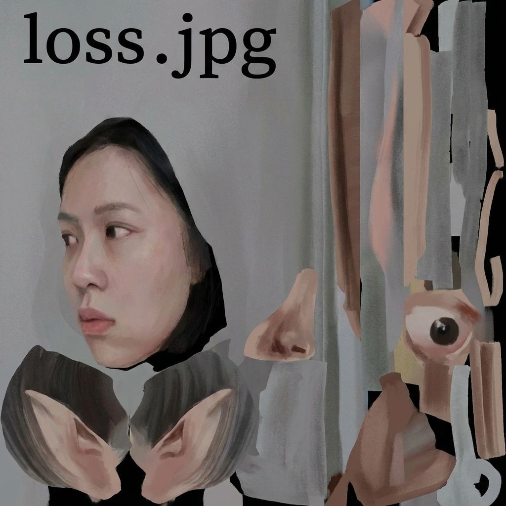 A surreal digital artwork resembling a flattened 3D texture map or UV map of a human head. On the left is the face of a woman with dark hair and pale skin looking to the side. Detached facial features, including a pair of ears, a nose, and an eye, are scattered across the gray background alongside abstract vertical strokes of skin tone and gray. The text "loss.jpg" is written in a large black serif font at the top left.