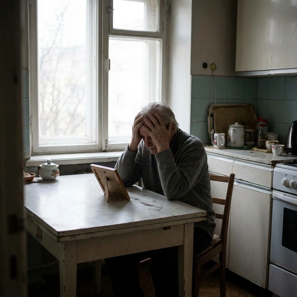 An elderly person sits alone at a small kitchen table, head in hands, gazing down at a framed photograph. The kitchen is modest and worn, with pale tile walls, a white stove, and various cups and items on the counter. Muted, somber light filters in through a large window with bare winter trees visible outside, creating an atmosphere of grief or deep contemplation.