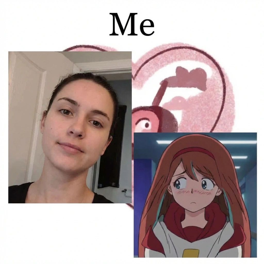 A composite image labeled "Me" at the top in large black text. It features three overlapping images. On the left is a selfie of a young woman with dark hair tied back, wearing a black shirt, looking neutrally at the camera. In the background is a blurry, light pink illustration, possibly a cartoon heart. In the bottom right corner is a screenshot of an anime character with long brown hair and a red headband, looking downward with a blushing expression.
