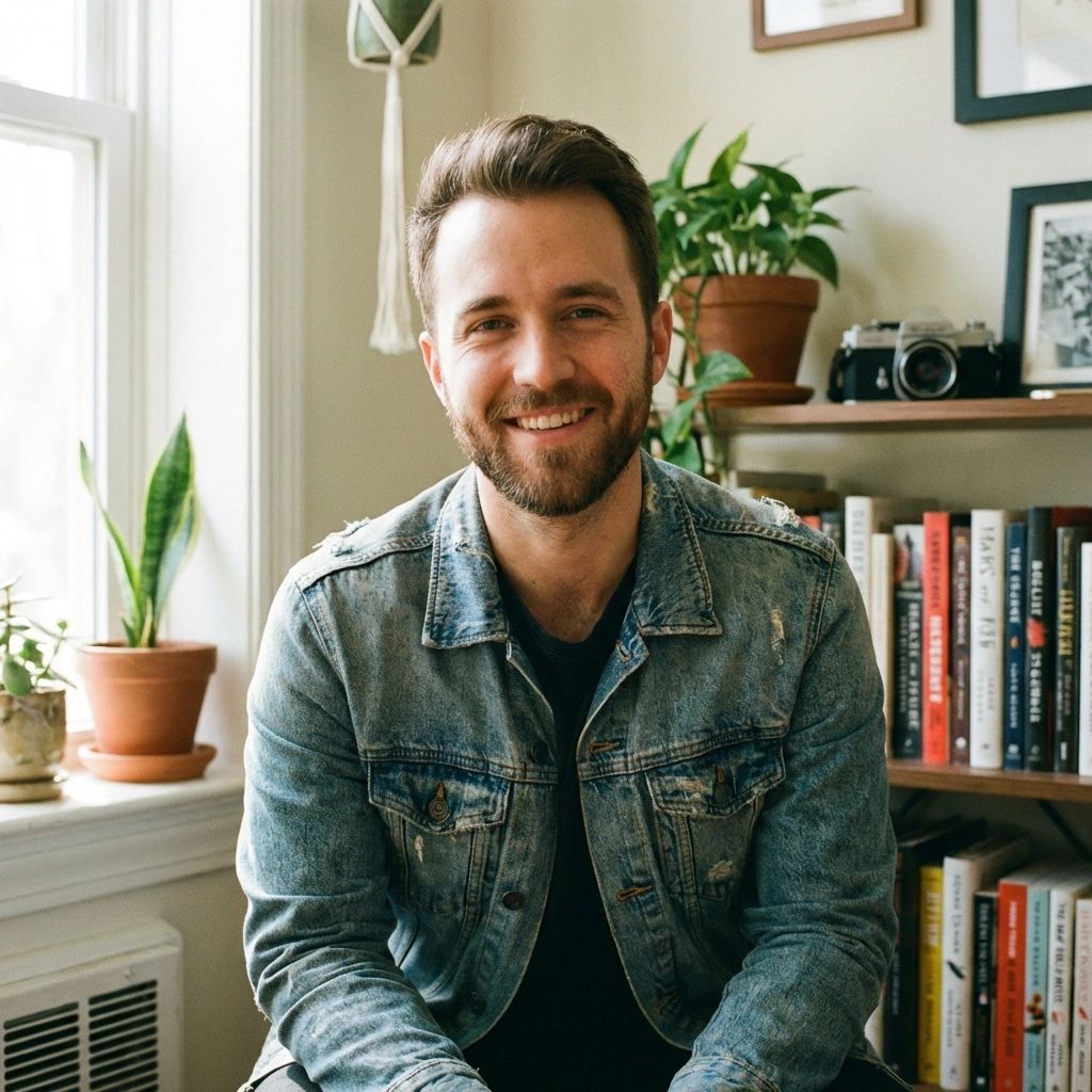 A medium shot portrait of a smiling white man with short brown hair and a beard. He is wearing a blue denim jacket over a black shirt. He sits indoors near a window with natural light hitting his face from the left. Behind him is a wooden shelf filled with books, a potted plant, and a vintage camera. Another potted plant sits on the window sill to his left.