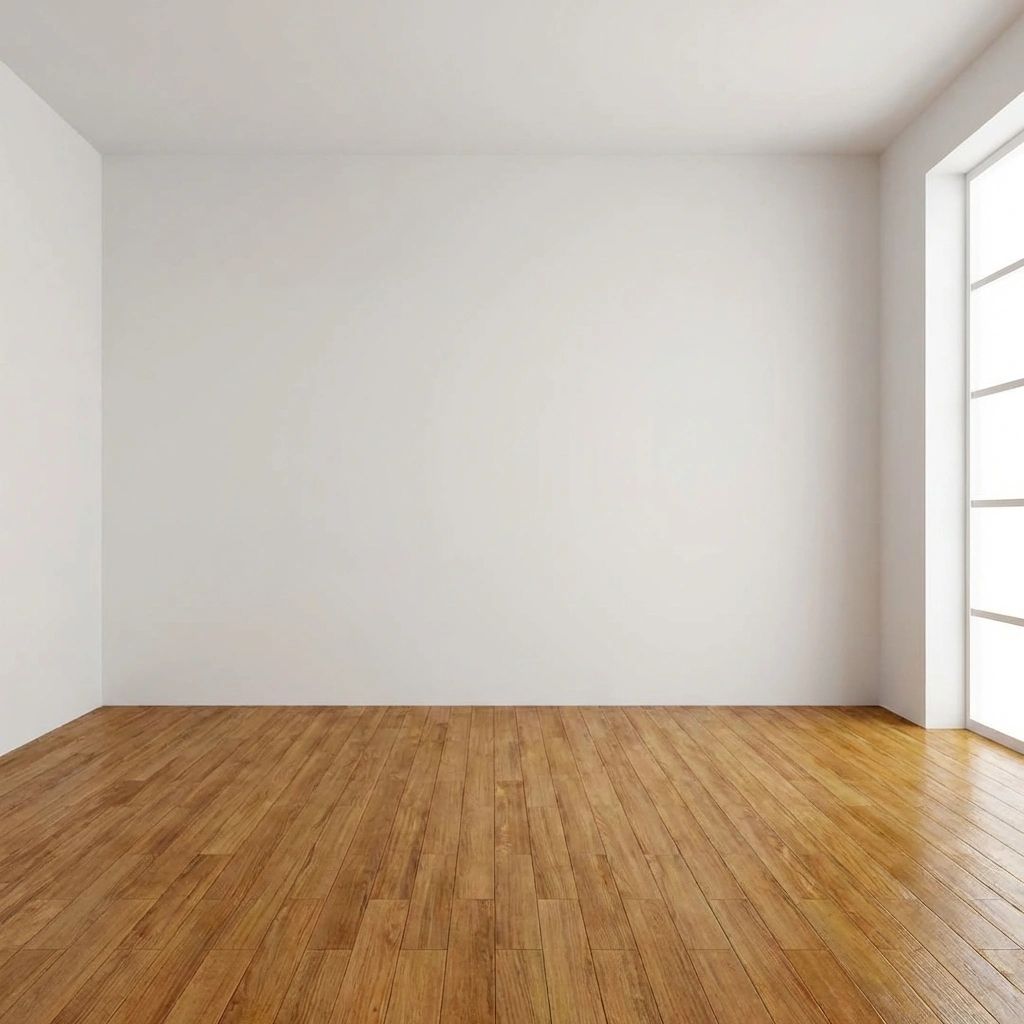 An empty room with pristine, medium-tone hardwood flooring and plain white walls. Large floor-to-ceiling windows on the right side let in bright, diffuse daylight that reflects off the floorboards.