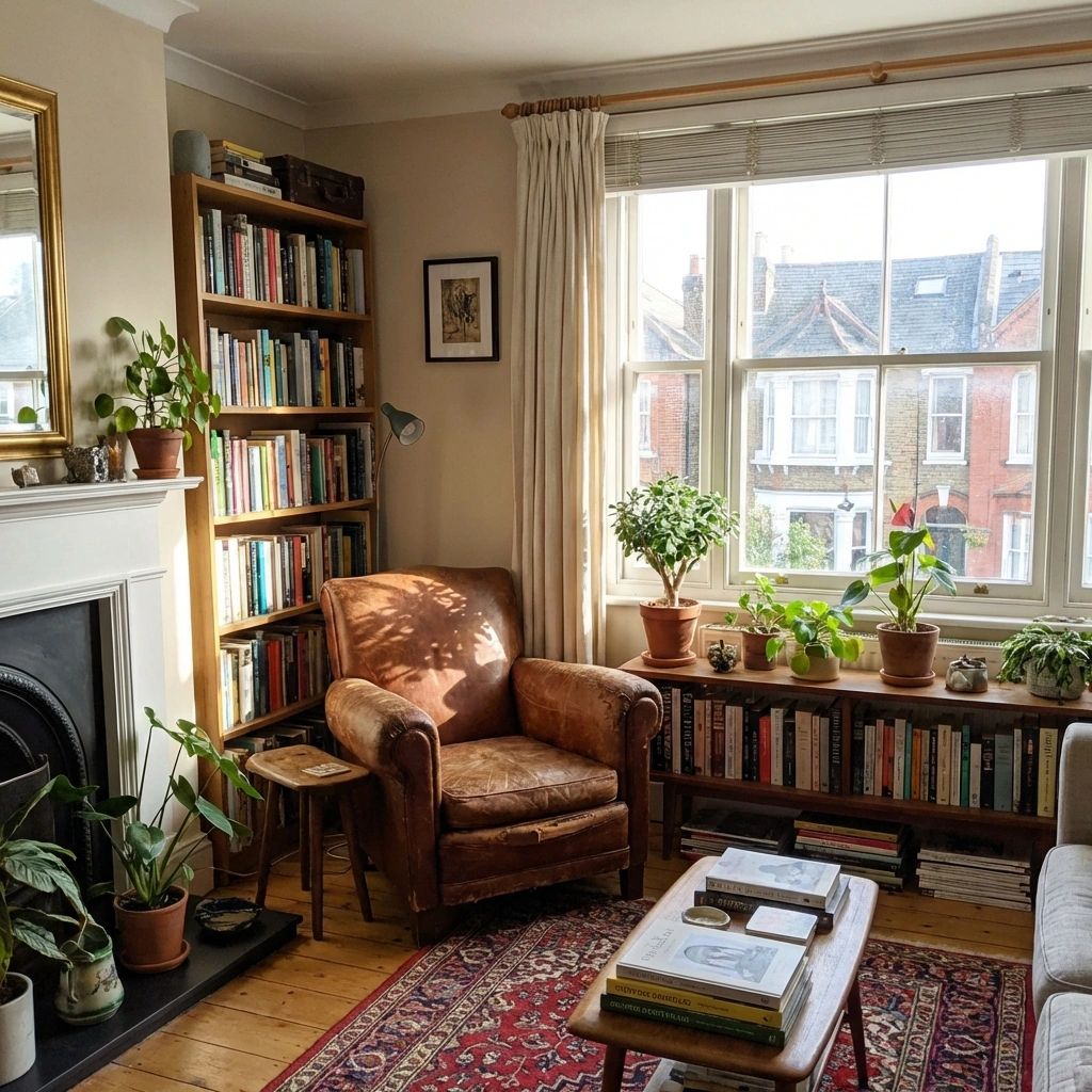 A cozy, well-lit living room scene. A worn brown leather armchair sits in the corner next to a tall wooden bookshelf filled with colorful books. A large window with white curtains overlooks a brick building across the street. Several potted plants are placed on a low shelf beneath the window and on the mantelpiece. A patterned red rug covers the wooden floor.