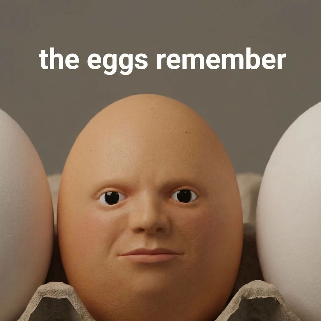 A brown egg sitting in a carton between two normal white eggs, except the brown egg has a photorealistic human face seamlessly blended onto it - complete with eyes, nose, and an unnerving neutral expression - staring directly at the viewer. White bold text at the top reads "the eggs remember."