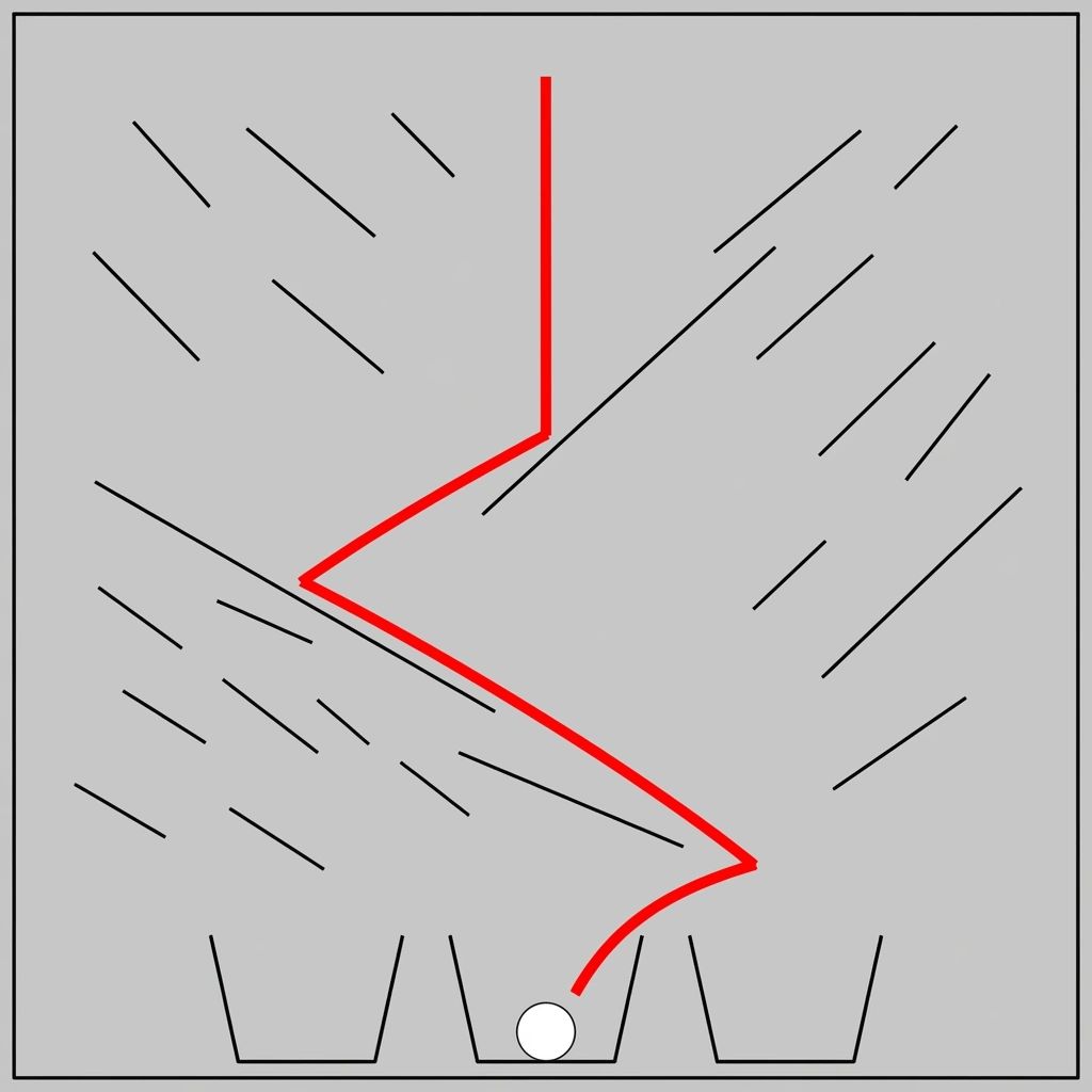 A variation of the same diagram puzzle. Here, a solid red line traces a different path for the ball. It starts falling straight down, hits an angled line and bounces to the left, then correctly bounces on later line sliding down the long ramp, when suddenly taking a left turn mid-air, landing in the middle instead of the correct right bucket.